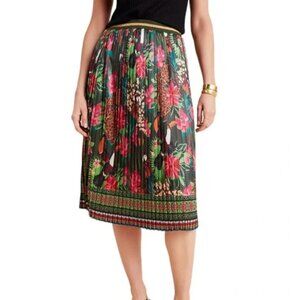 Anthropologie x Farm Rio Bosque Tropical Pleated XS & S Green Red Silky Midi